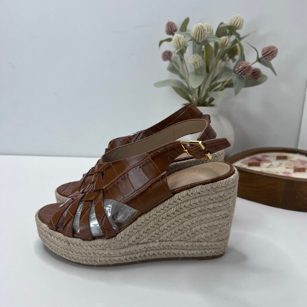 Lauren Ralph Lauren Crocodile Leather Wedge Espadrille Sandal Brown Women 6